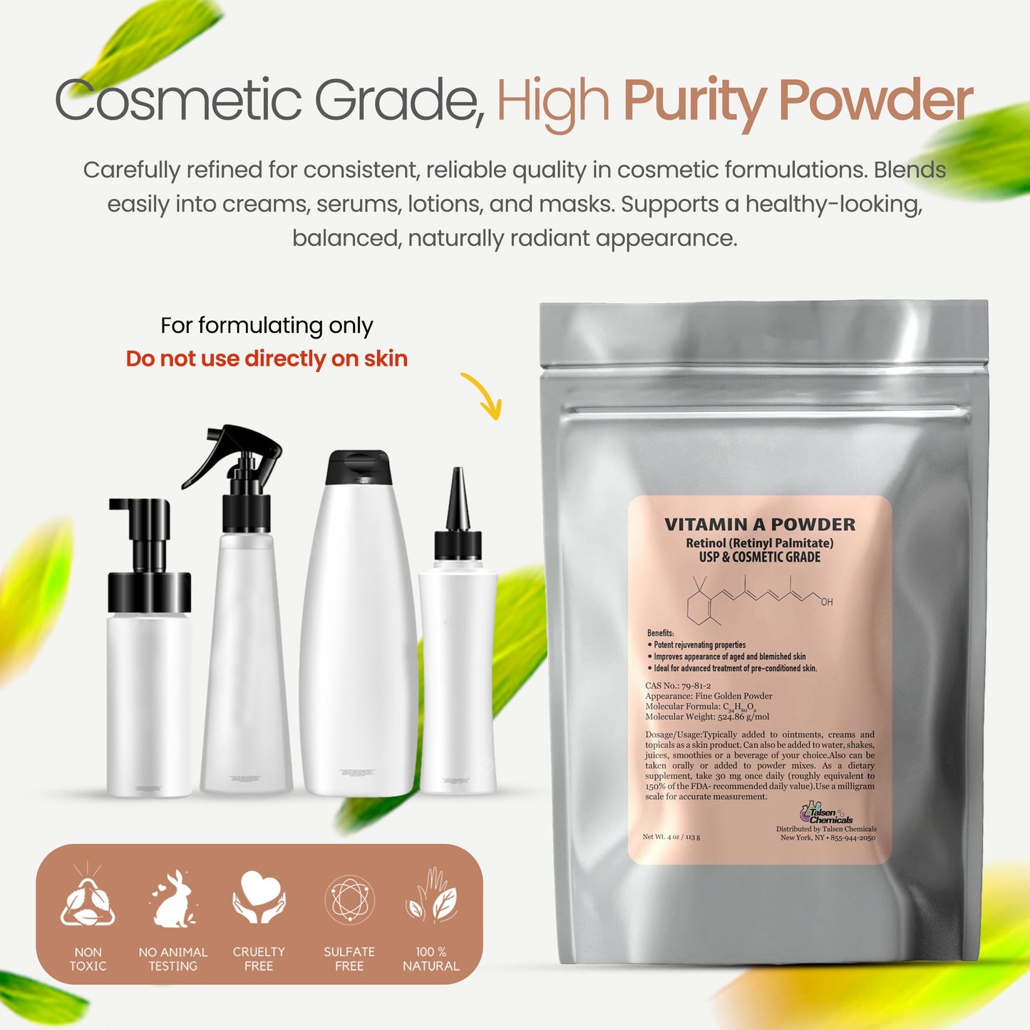 Vitamin A Powder – Retinyl Palmitate & Retinol (1 oz / 28 g) USP & Cosmetic Grade | Talsen