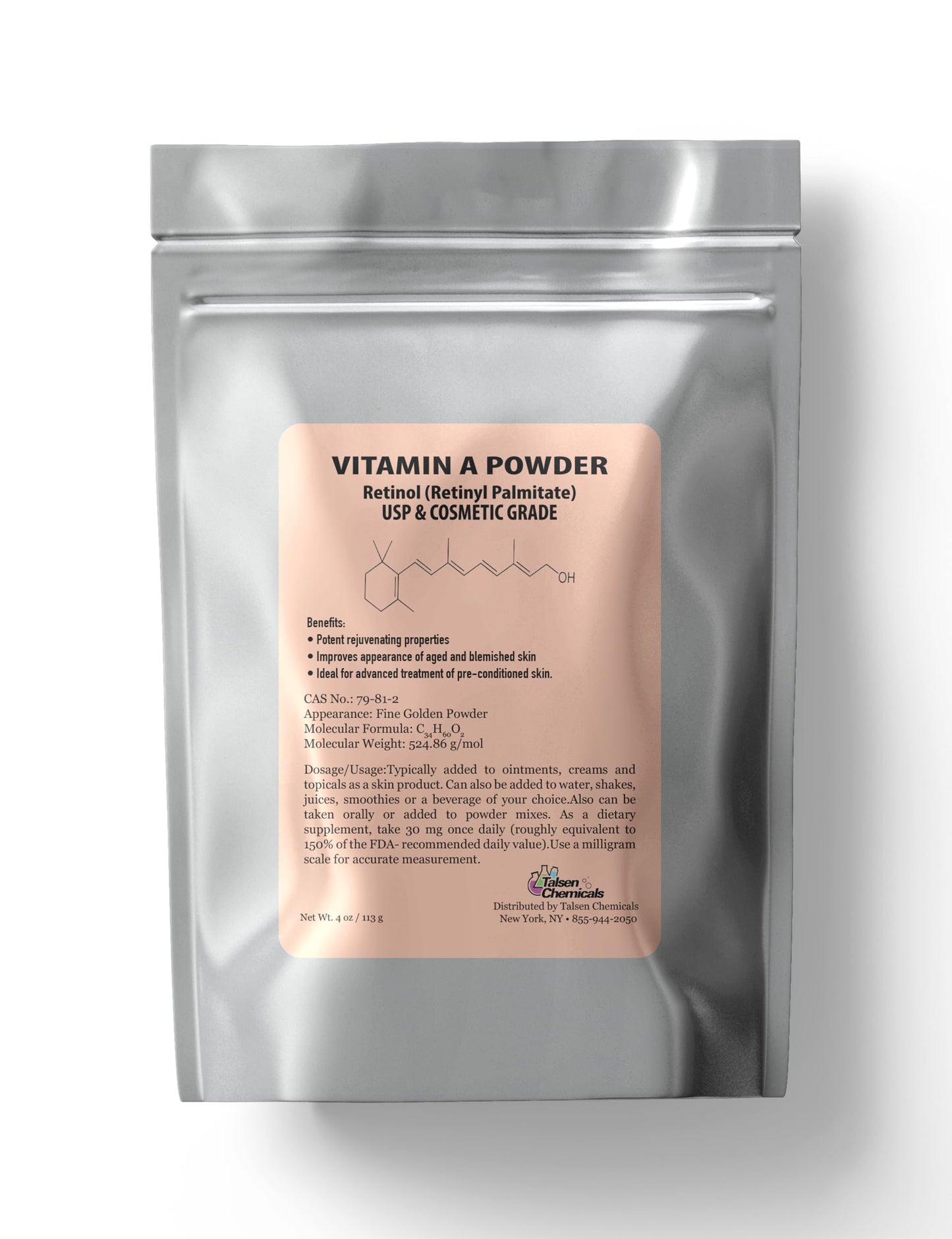 Talsen Chemicals Vitamin A Powder – Retinyl Palmitate & Retinol (USP & Cosmetic Grade) 4 oz