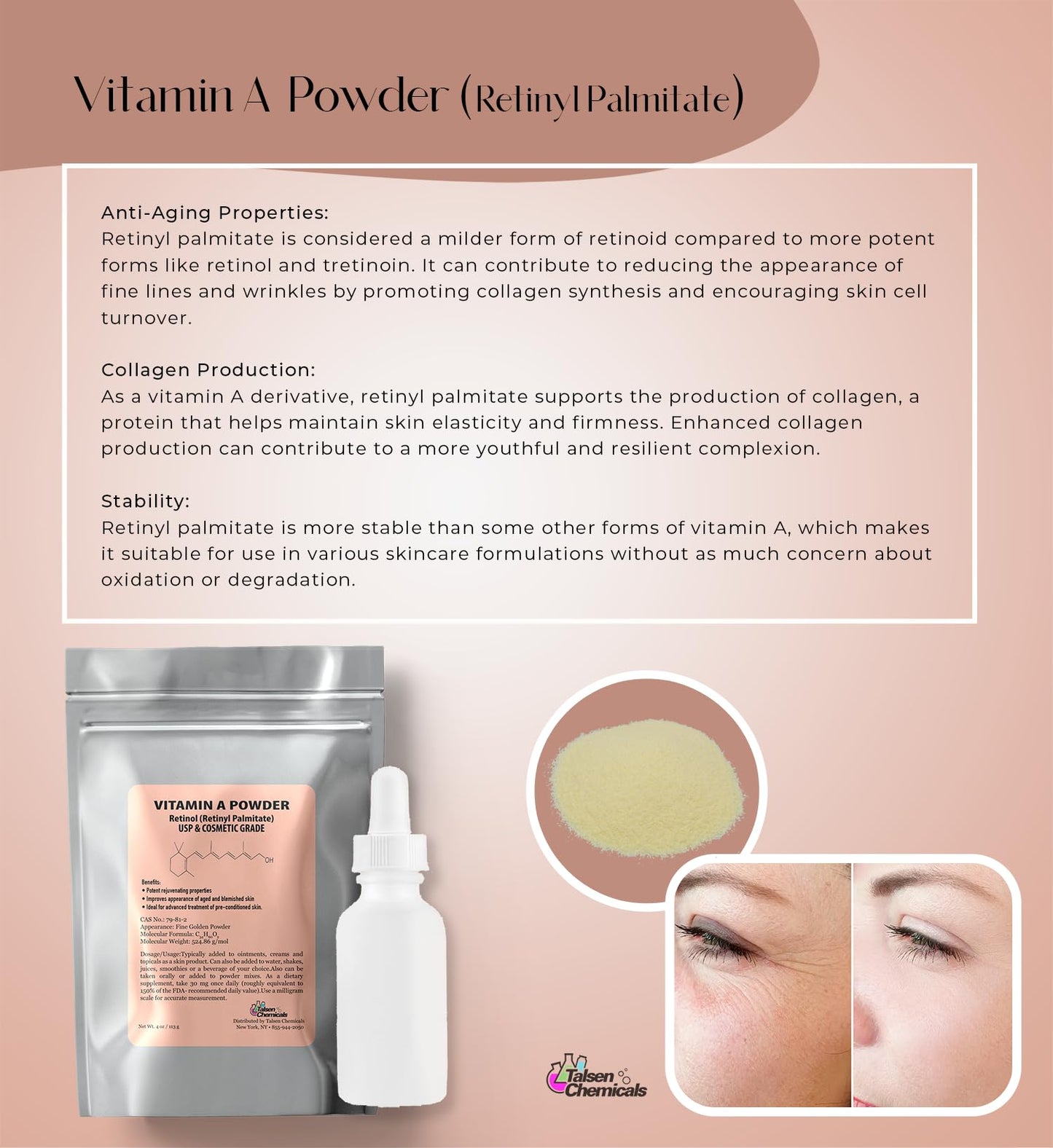 Talsen Chemicals Vitamin A Powder – Retinyl Palmitate & Retinol (USP & Cosmetic Grade) 4 oz