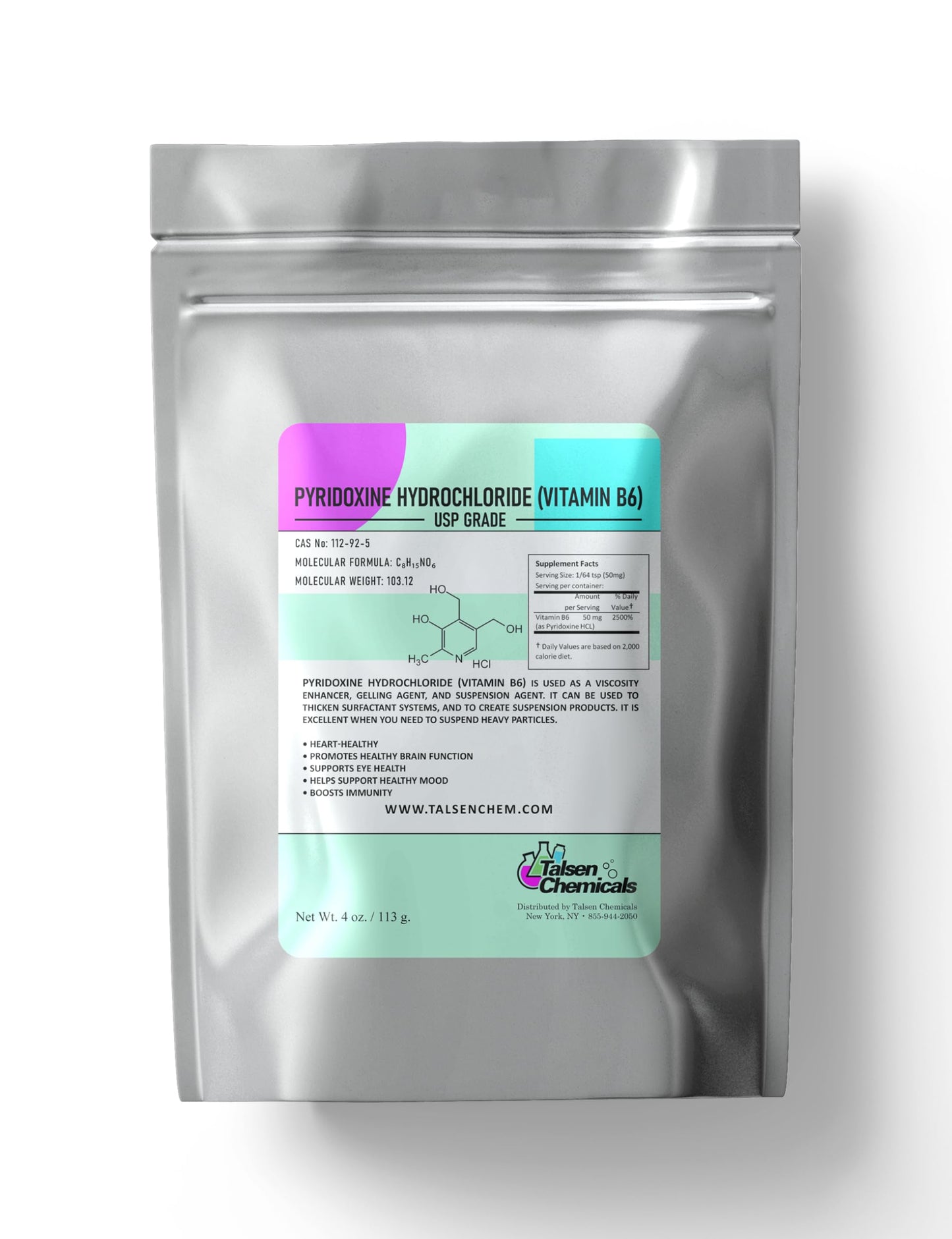 Talsen Chemicals Vitamin B6 Powder (Pyridoxine HCl) 4 oz – Metabolism & Nervous System Support