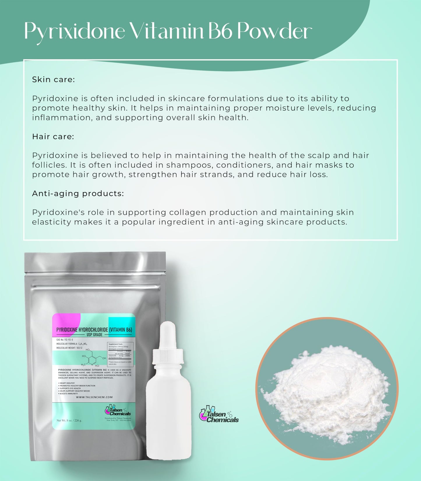 Talsen Chemicals Vitamin B6 Powder (Pyridoxine HCl) 4 oz – Metabolism & Nervous System Support