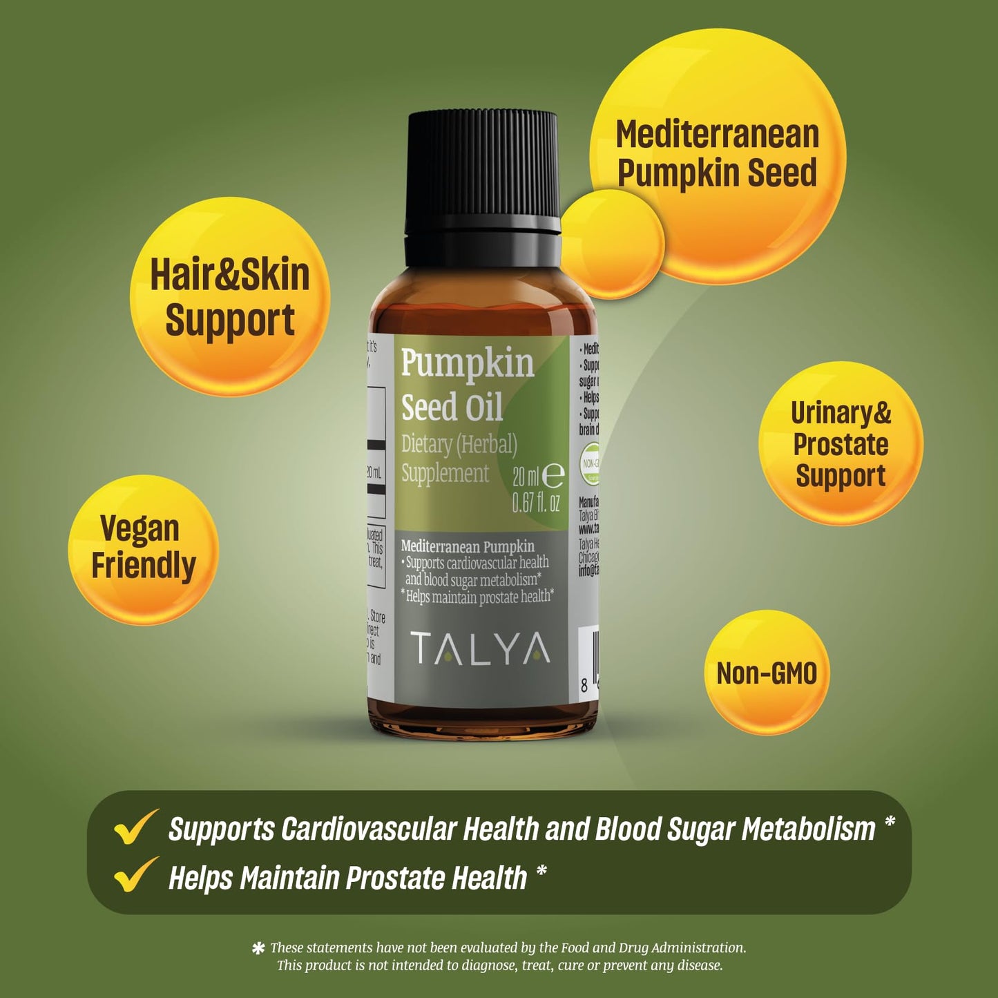 TALYA Pumpkin Seed Oil Drops – Cold-Pressed 0.67 oz | Prostate Support, Hair & Skin Health | Vegan