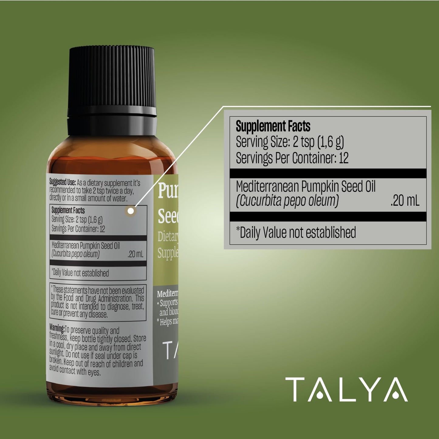 TALYA Pumpkin Seed Oil Drops – Cold-Pressed 0.67 oz | Prostate Support, Hair & Skin Health | Vegan
