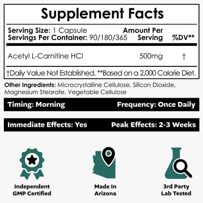 Acetyl L-Carnitine 500mg Capsules (ALCAR HCL) – 90 Count | Nootropics Depot