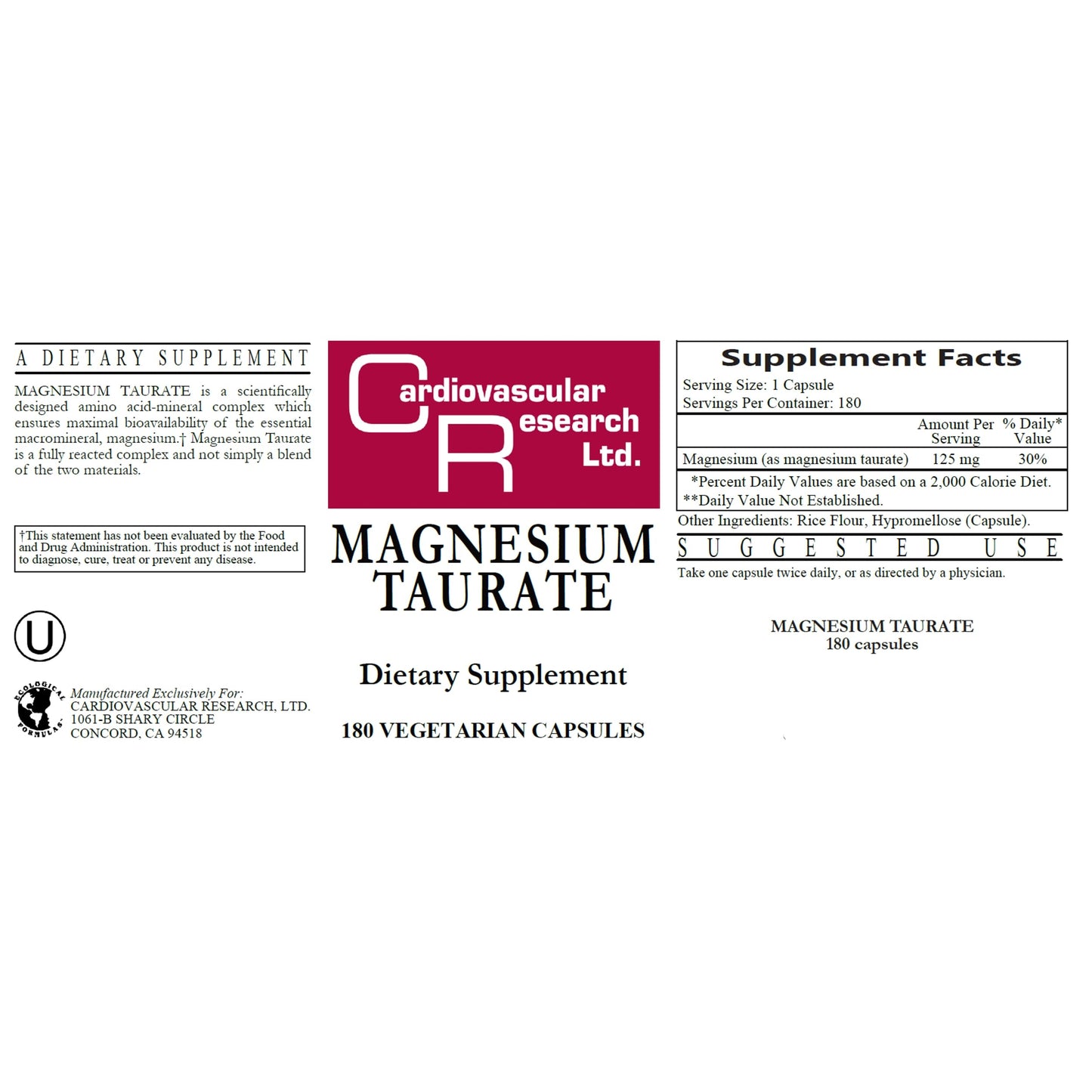 Cardiovascular Magnesium Taurate 125 mg - New Tamper Resistant Ship Box 180 Count