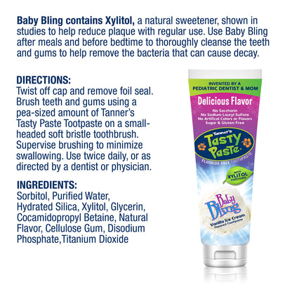 Tanner's Tasty Paste Baby Bling - Fluoride-Free Vanilla Toothpaste for Kids (4.2 oz)