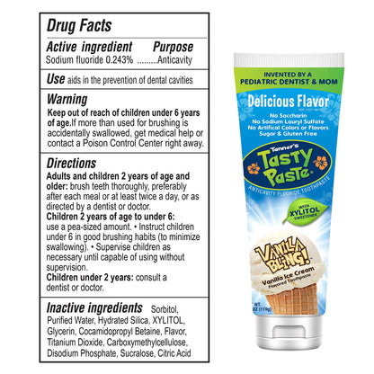 Tanner’s Tasty Paste Vanilla Bling - Anticavity Fluoride Kids Toothpaste, 4.2 oz