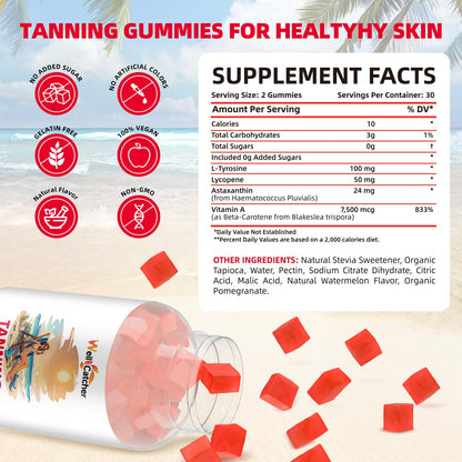 Tanning Gummies for Men & Women - Sugar Free, Vegan 60 Count with Astaxanthin, Lycopene & L-Tyrosine