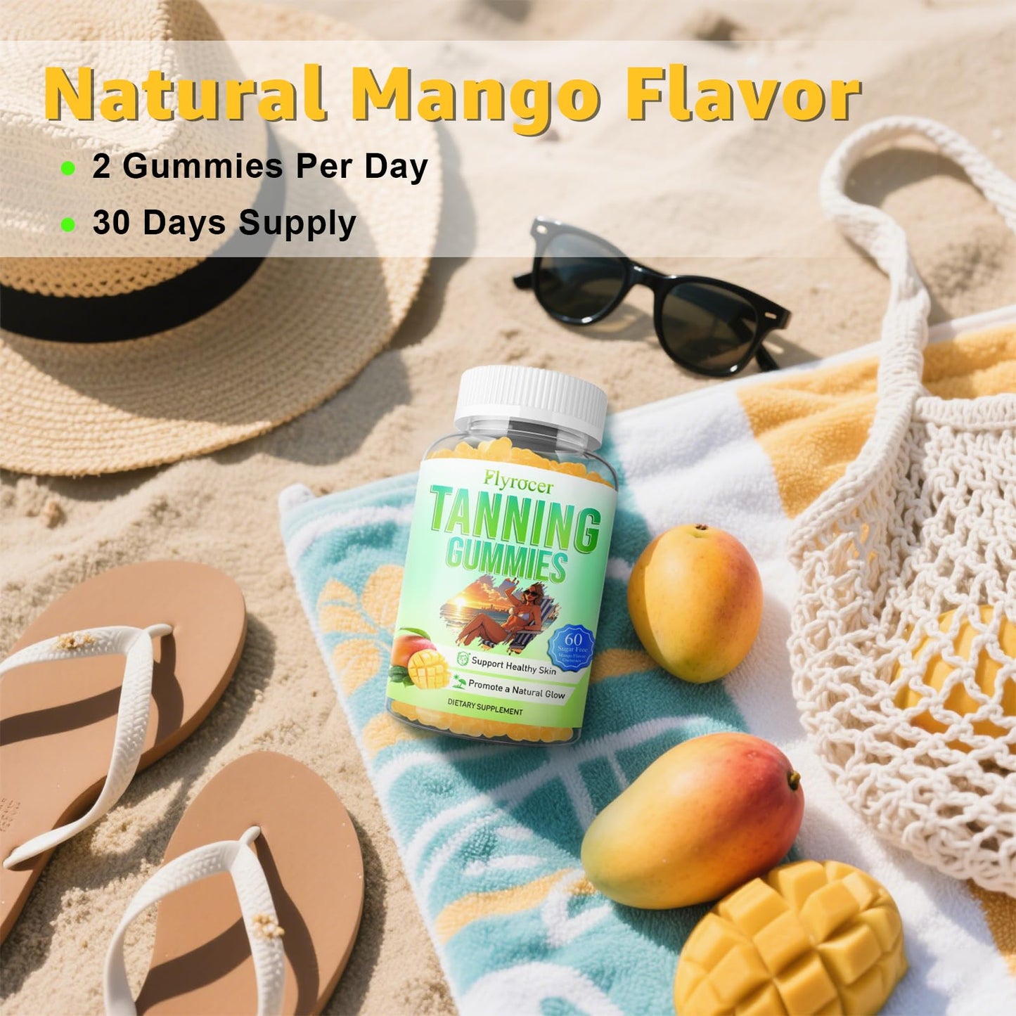 Tanning Gummies for Women & Men – Mango Flavor, 60 Count – Vegan, Non-GMO