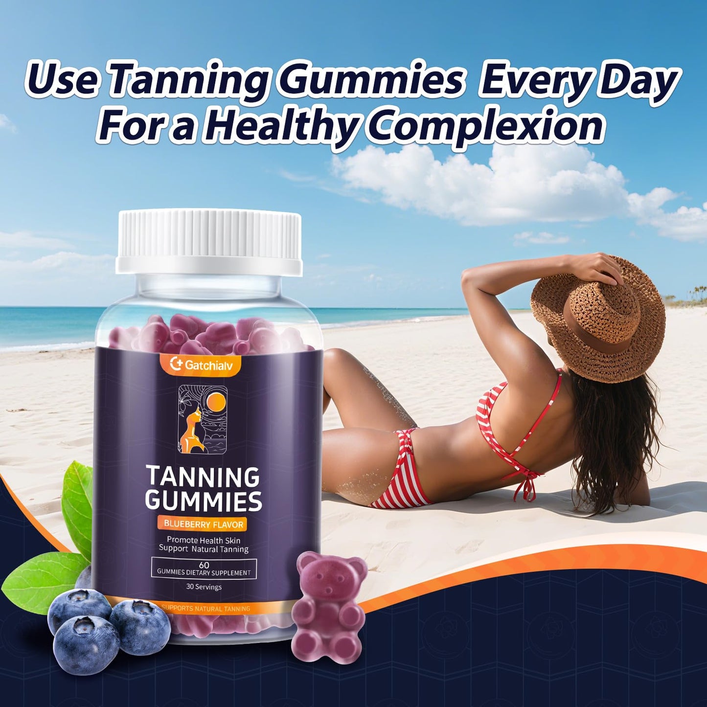 Tanning Gummies – Self-Tan Bronzing (Vegan, 60 Count) with Astaxanthin