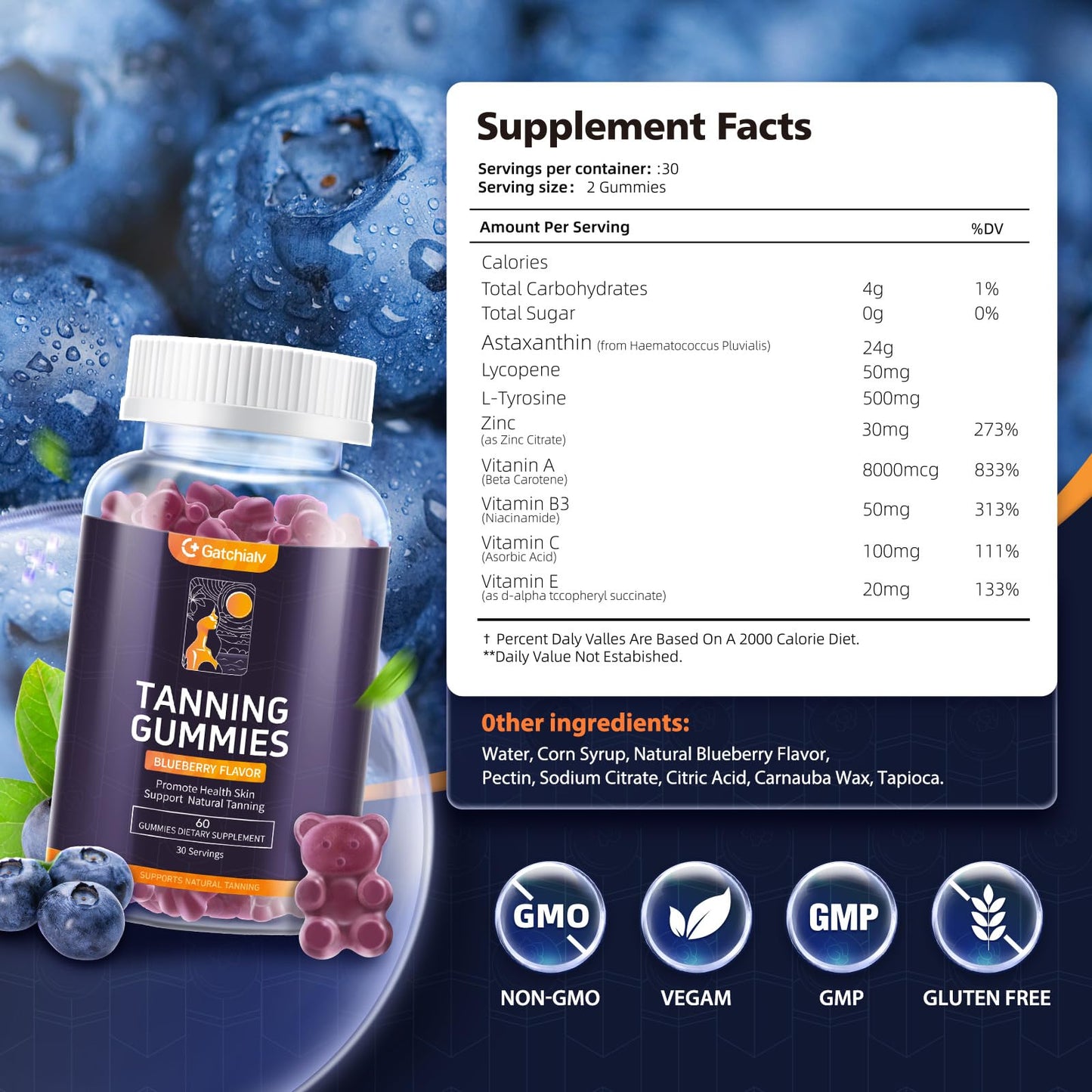 Tanning Gummies – Self-Tan Bronzing (Vegan, 60 Count) with Astaxanthin