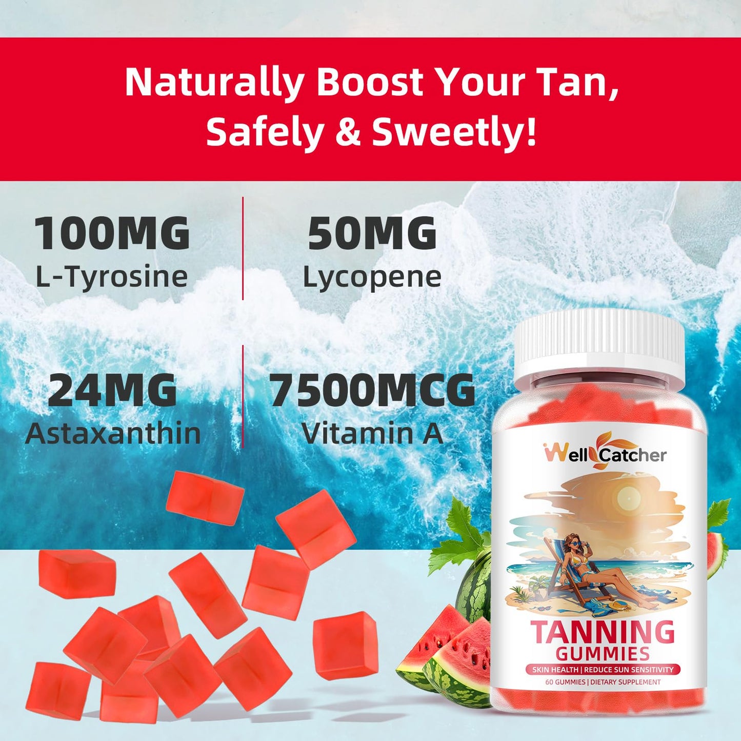Tanning Gummies for Women – Daily Bronzing with Astaxanthin, Lycopene & L-Tyrosine (60 CT)