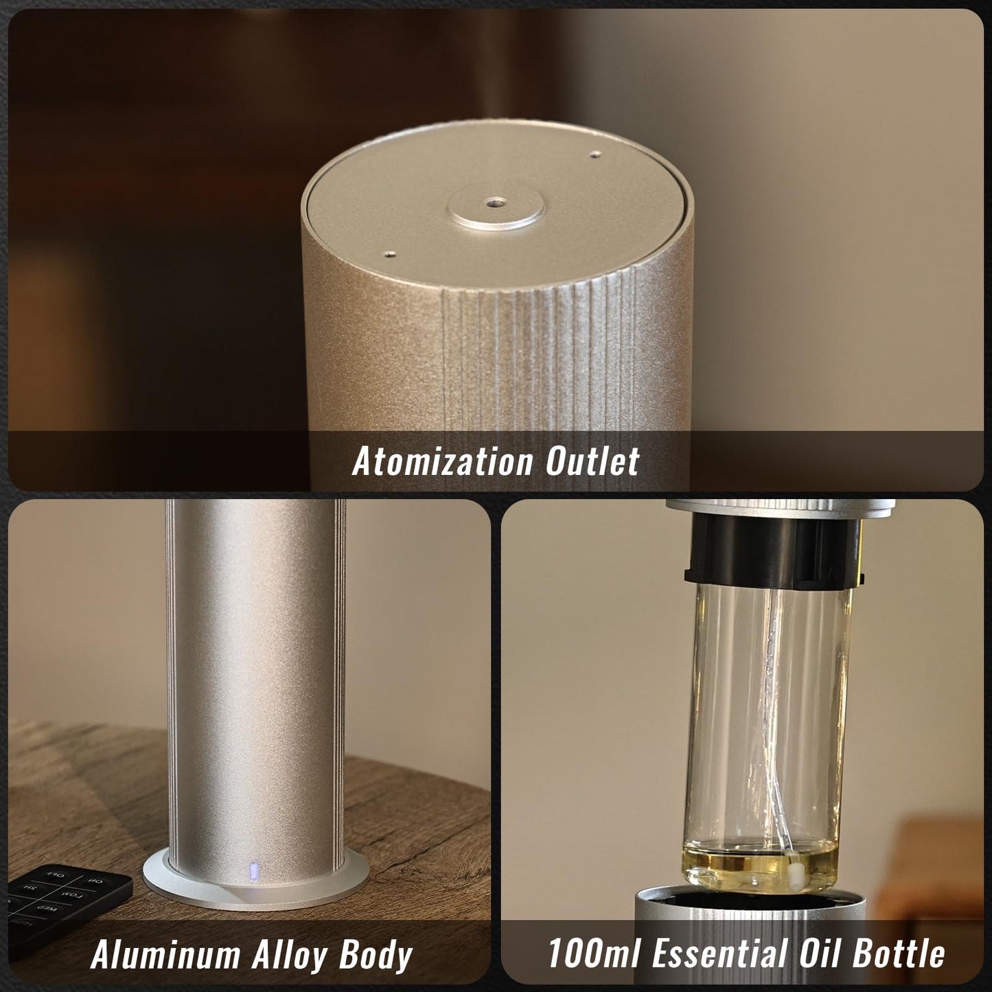 TANOXI Waterless Essential Oil Diffuser — 2000 sq ft Coverage, App + Remote, 100ml, Silver & Gold