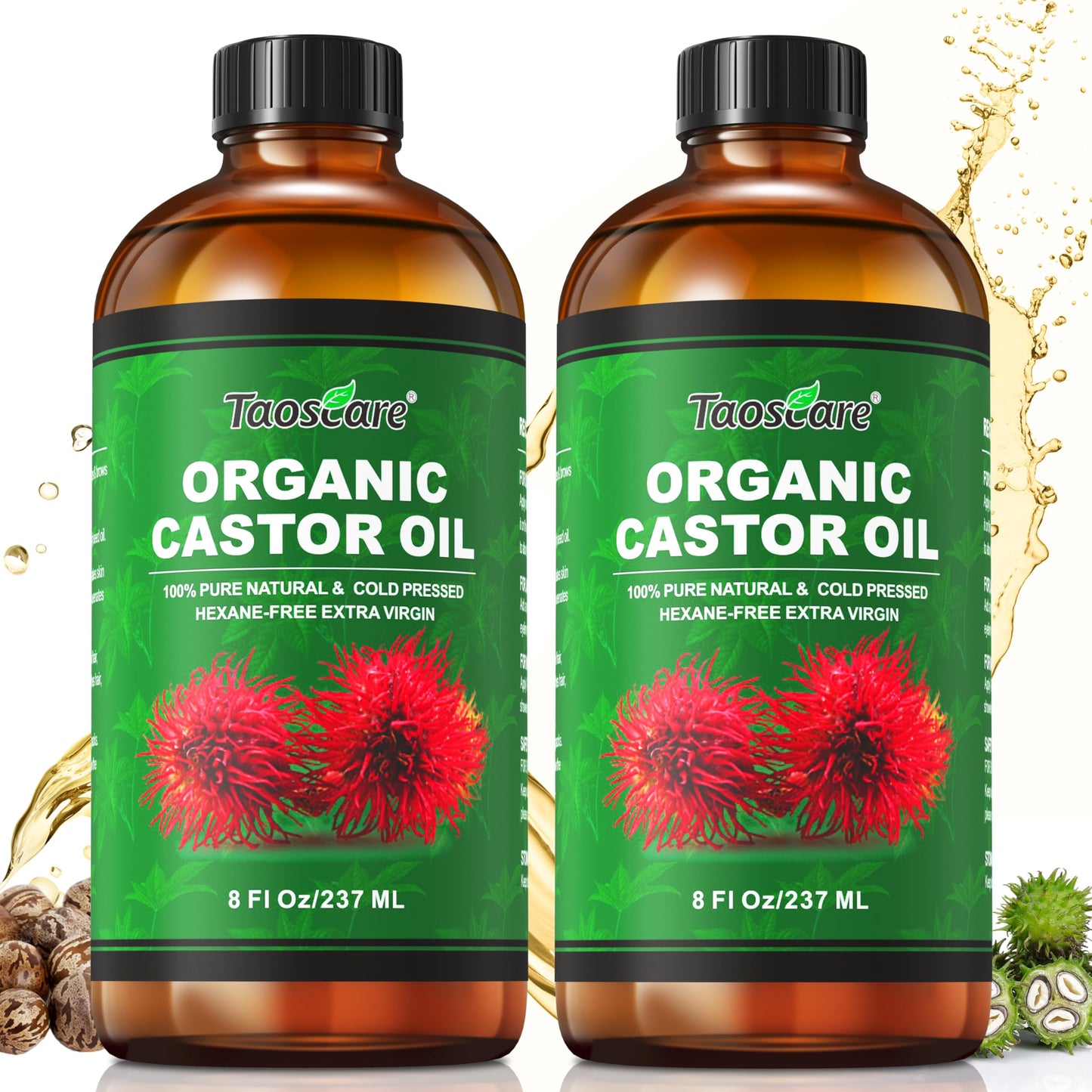 Taoscare 2 Pack Castor Oil – Organic Cold-Pressed, Unrefined with Pumps | 8 FL OZ x 2 for Hair, Skin, Lashes & Brows