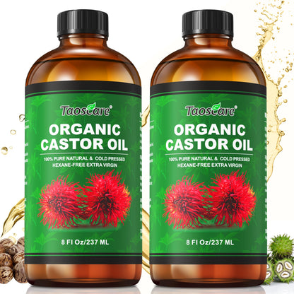 Taoscare 2 Pack Castor Oil – Organic Cold-Pressed, Unrefined with Pumps | 8 FL OZ x 2 for Hair, Skin, Lashes & Brows