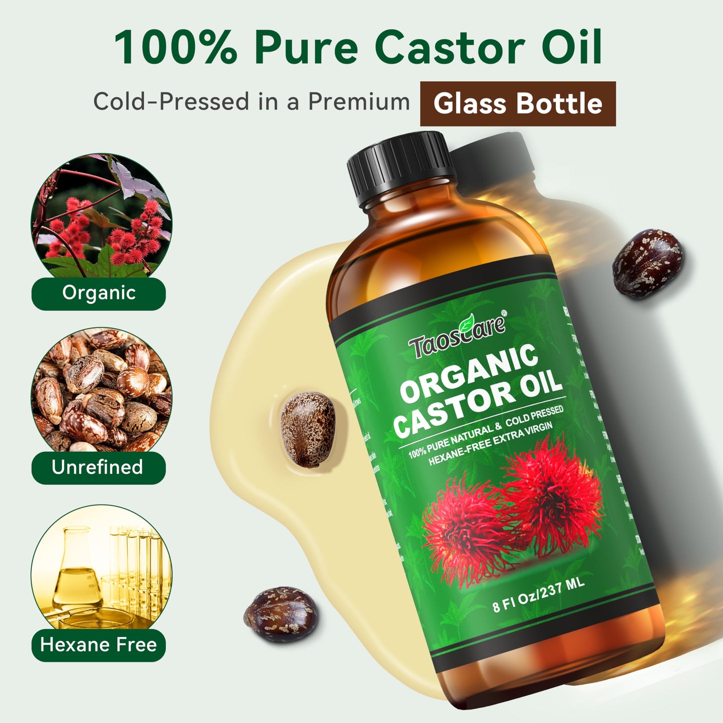Taoscare 2 Pack Castor Oil – Organic Cold-Pressed, Unrefined with Pumps | 8 FL OZ x 2 for Hair, Skin, Lashes & Brows