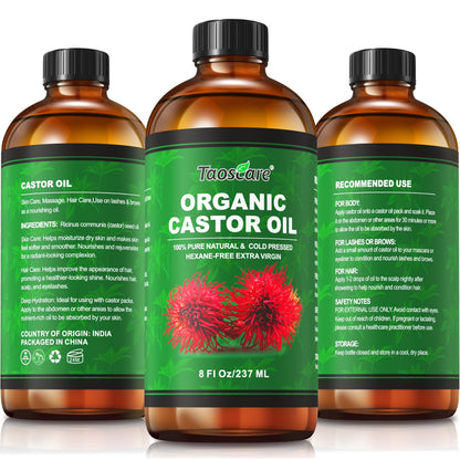 Taoscare 2 Pack Castor Oil – Organic Cold-Pressed, Unrefined with Pumps | 8 FL OZ x 2 for Hair, Skin, Lashes & Brows