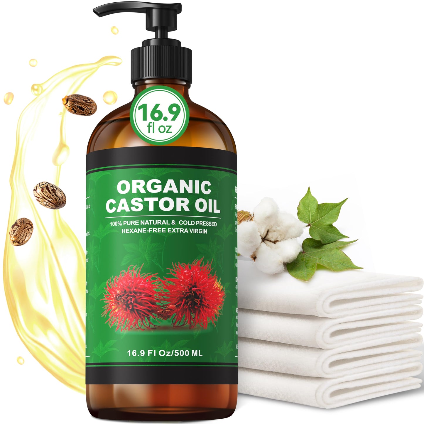 Taoscare Organic Castor Oil 16.9 oz – Cold Pressed, Unrefined in Glass Bottle | 4-Pack Castor Oil Pack Wrap Kit