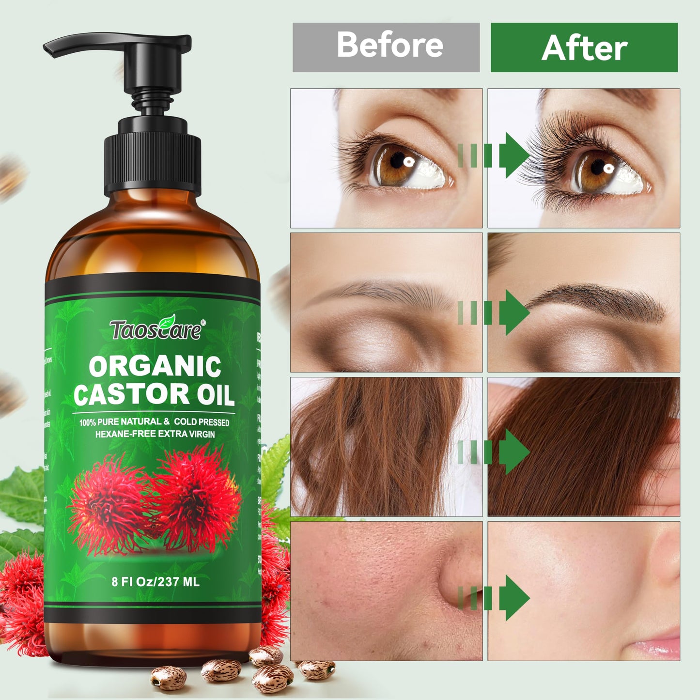 Taoscare 2 Pack Castor Oil – Organic Cold-Pressed, Unrefined with Pumps | 8 FL OZ x 2 for Hair, Skin, Lashes & Brows