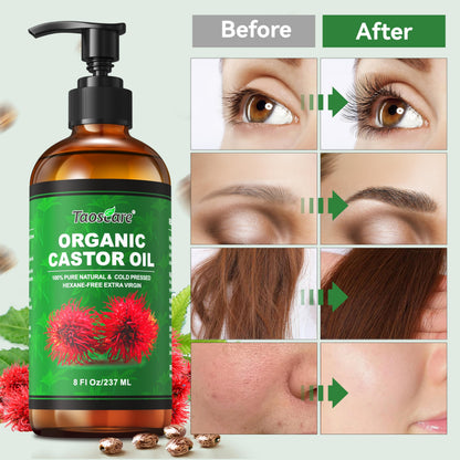Taoscare 2 Pack Castor Oil – Organic Cold-Pressed, Unrefined with Pumps | 8 FL OZ x 2 for Hair, Skin, Lashes & Brows