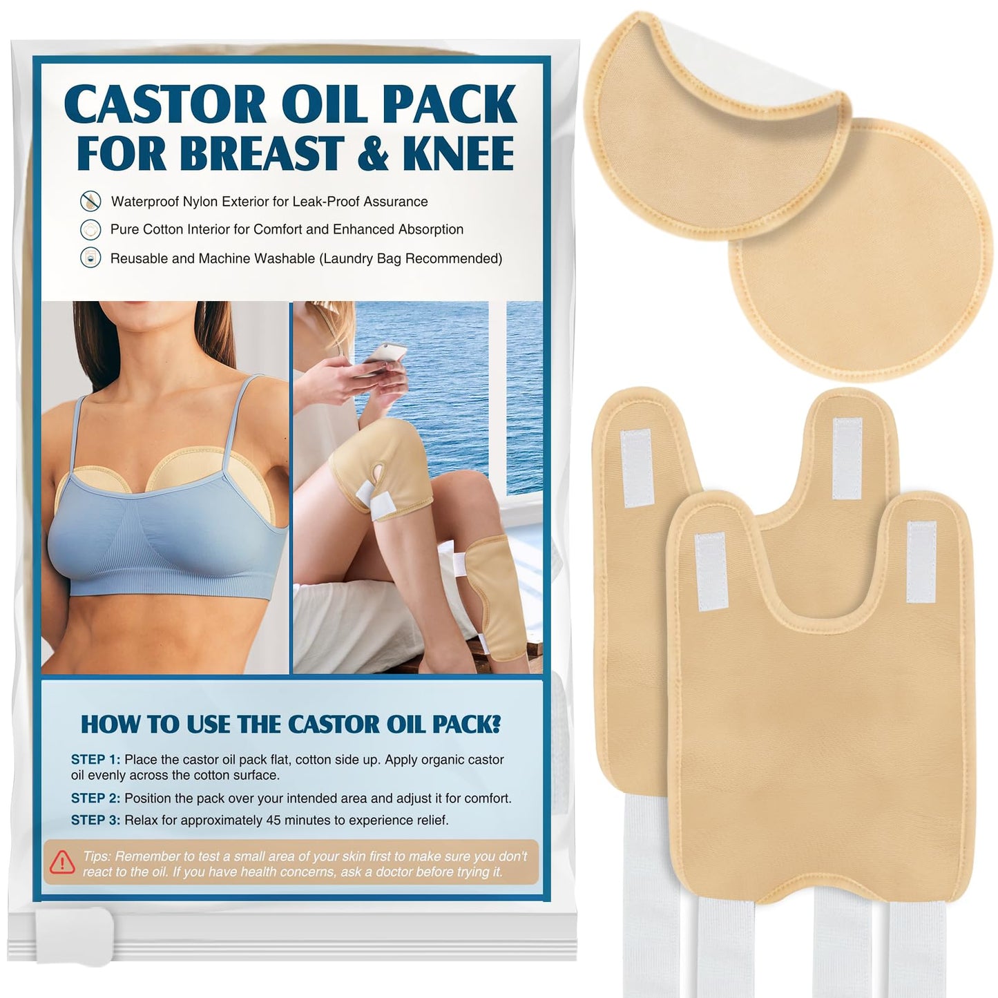 Taoscare Castor Oil Pack 4 Pack for Women – Reusable Organic Cotton Knee & Chest Wraps