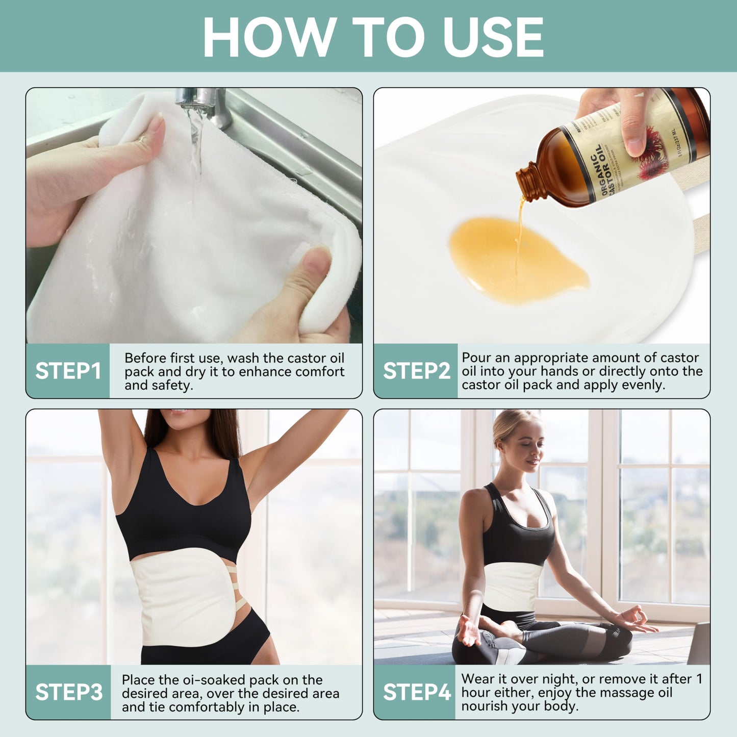 Taoscare Castor Oil Pack Wrap – Organic Cotton Flannel, Leakproof Coating, 6 Adjustable Straps, Reusable