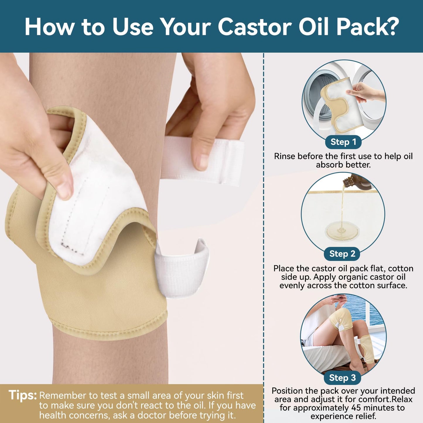 Taoscare Upgraded Castor Oil Knee Wrap – Larger Size, Adjustable Velcro, Waterproof & Reusable (2 Pack)