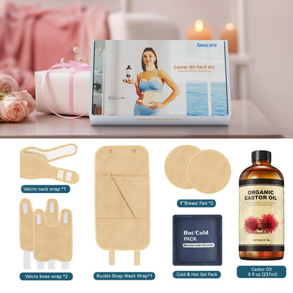 Taoscare Castor Oil Pack Wrap – 8oz Cold-Pressed Organic Castor Oil, Reusable Cotton Compressors (Gifts for Women)