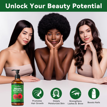 Taoscare 2 Pack Castor Oil – Organic Cold-Pressed, Unrefined with Pumps | 8 FL OZ x 2 for Hair, Skin, Lashes & Brows