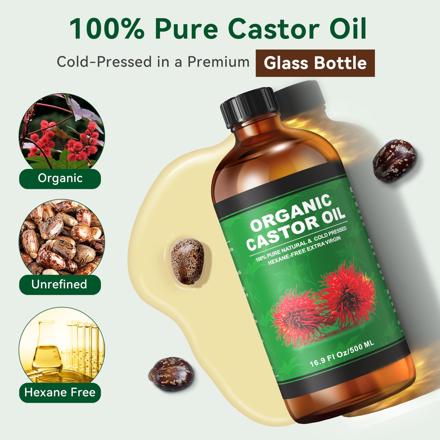 Taoscare Organic Castor Oil 16.9 oz – Cold Pressed, Unrefined in Glass Bottle | 4-Pack Castor Oil Pack Wrap Kit