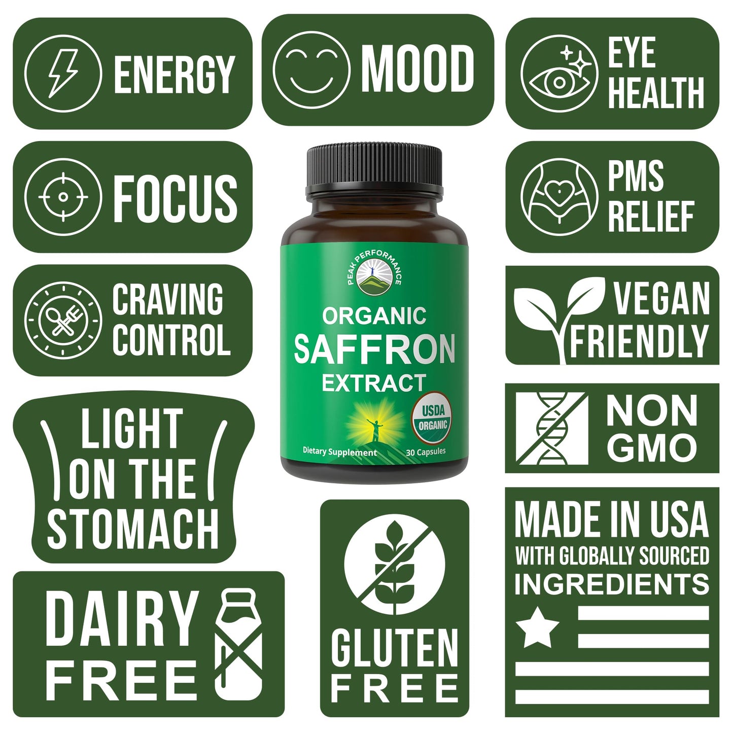 Saffron Supplements - USDA Organic Saffron Extract Capsules for Mood, Focus, and PMS | Vegan