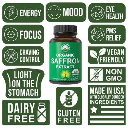 Saffron Supplements - USDA Organic Saffron Extract Capsules for Mood, Focus, and PMS | Vegan