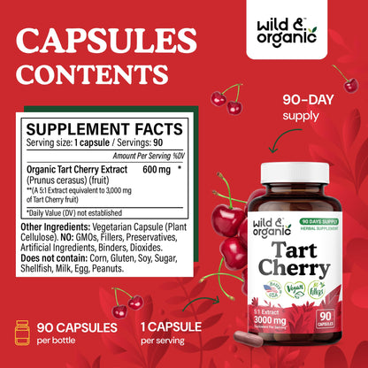 Wild & Organic Tart Cherry Capsules 600 mg – Uric Acid Support – 90 Day Supply – Vegan, Non-GMO