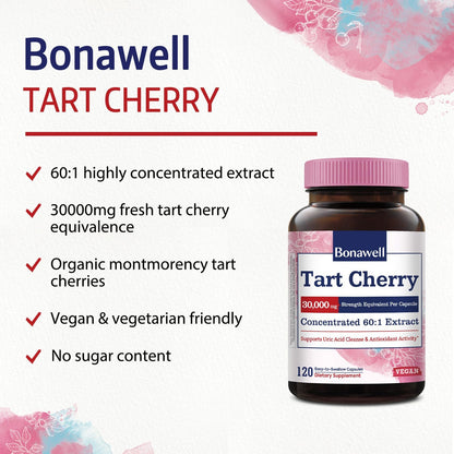 Bonawell Tart Cherry 60:1 Extract Capsules – 30,000 mg Equivalent | Montmorency Tart Cherry | 120 Caps