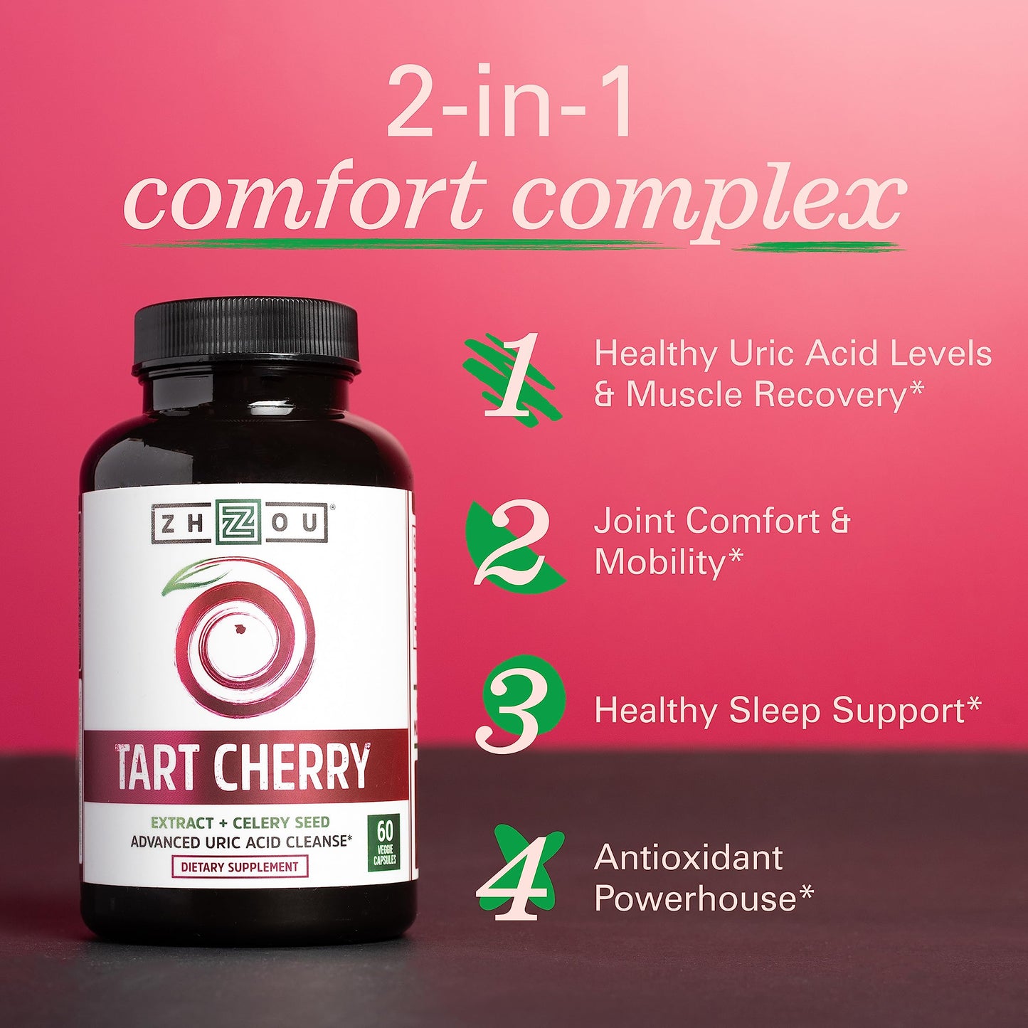 Zhou Tart Cherry + Celery Seed: 1000mg, Sleep & Joint Support | 60 Veggie Capsules