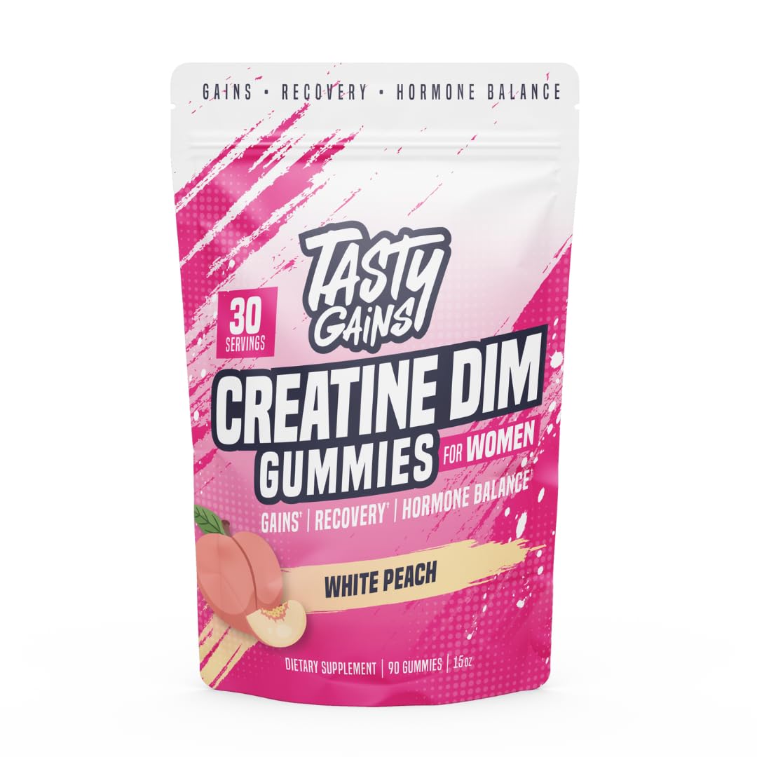 TASTY GAINS Creatine Gummies for Women | 3g Creatine Monohydrate per Serving | DIM 100 mg | Estrogen Balance | White Peach Flavor
