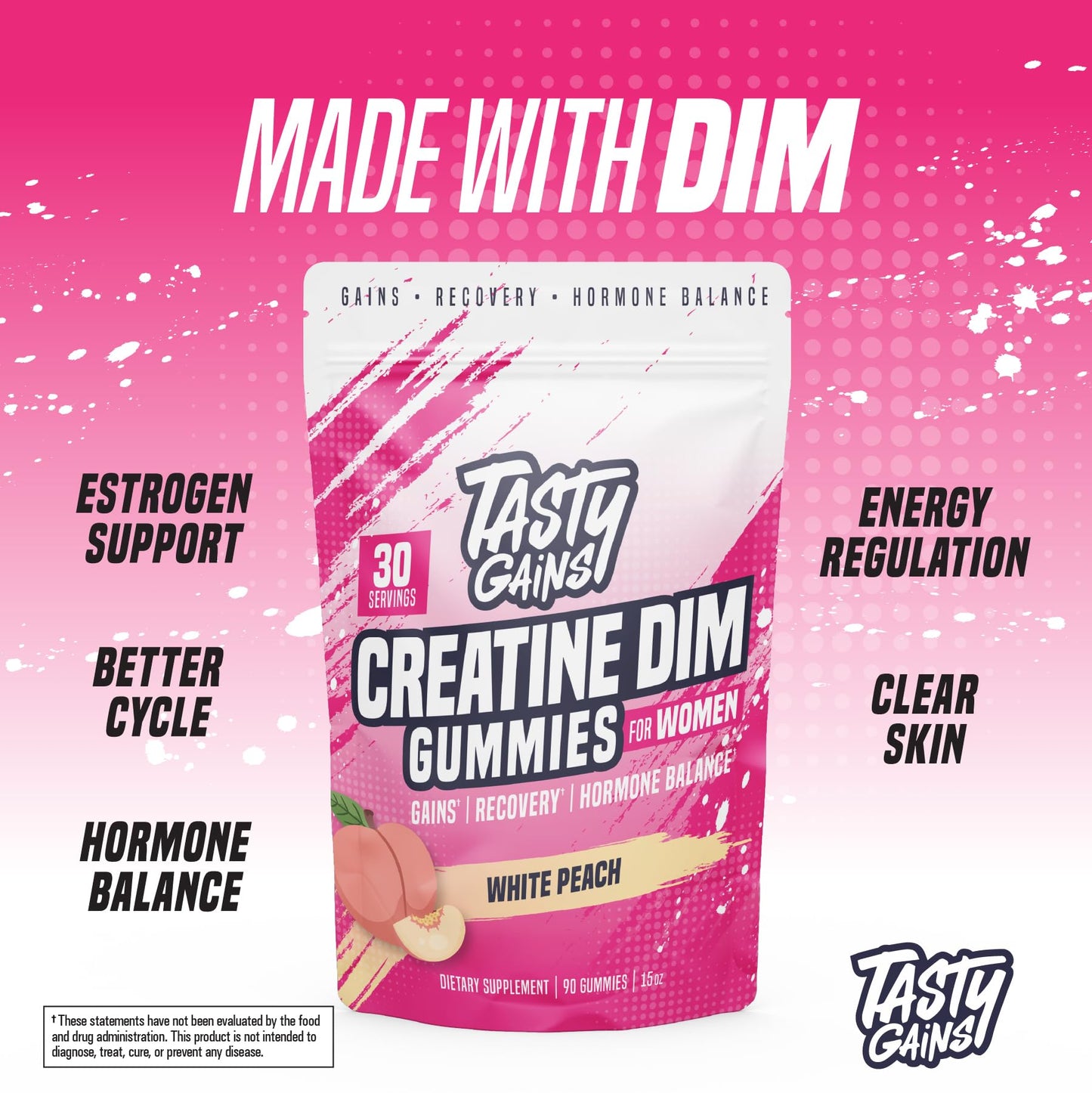 TASTY GAINS Creatine Gummies for Women | 3g Creatine Monohydrate per Serving | DIM 100 mg | Estrogen Balance | White Peach Flavor