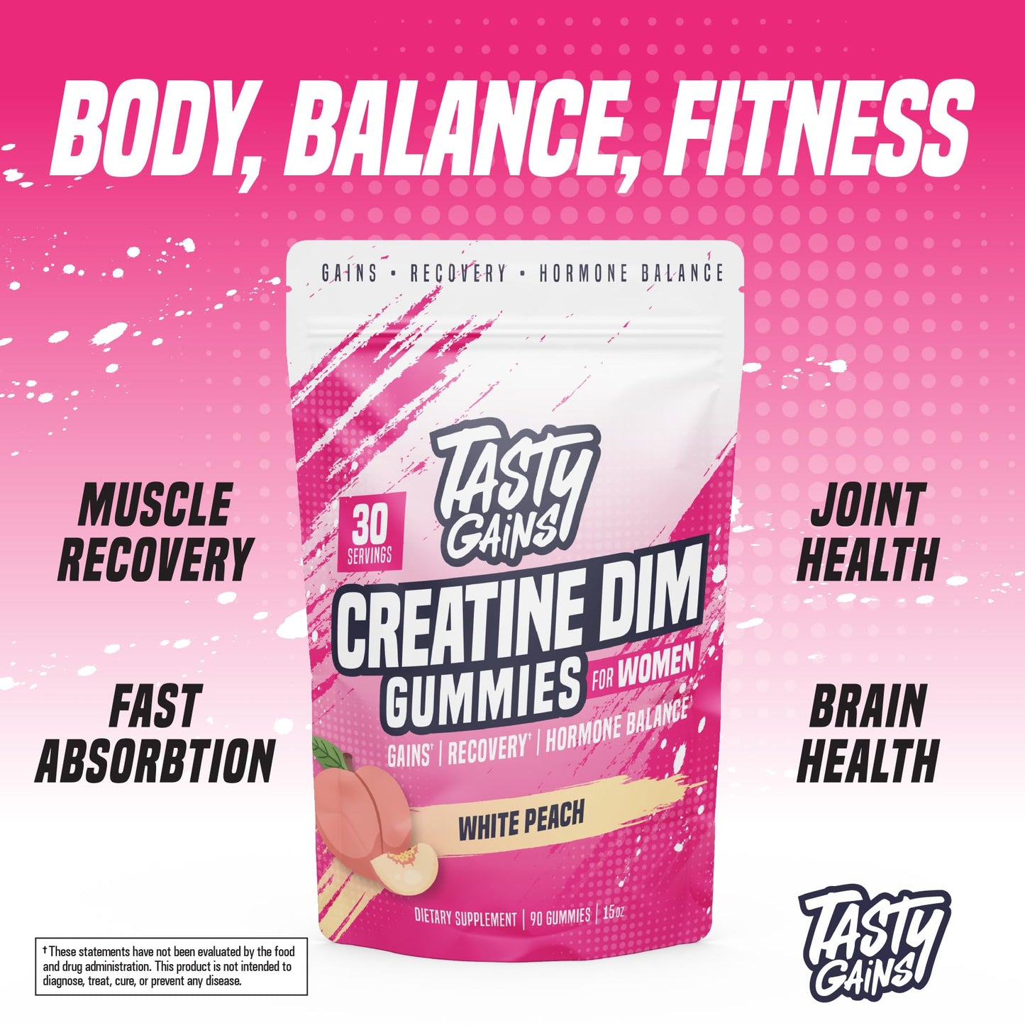 TASTY GAINS Creatine Gummies for Women | 3g Creatine Monohydrate per Serving | DIM 100 mg | Estrogen Balance | White Peach Flavor