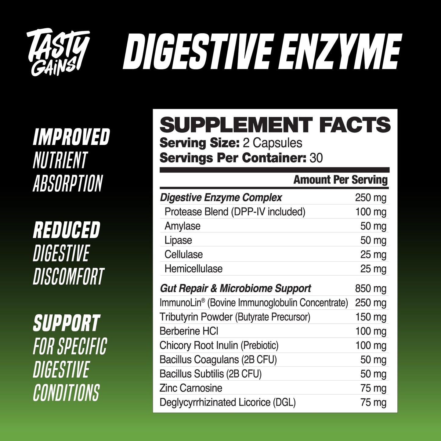 TASTY GAINS Digestive Enzymes – Gut Health & Bloating Relief (60 Capsules)
