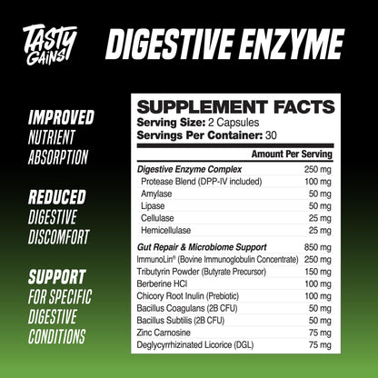 TASTY GAINS Digestive Enzymes – Gut Health & Bloating Relief (60 Capsules)