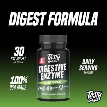TASTY GAINS Digestive Enzymes – Gut Health & Bloating Relief (60 Capsules)