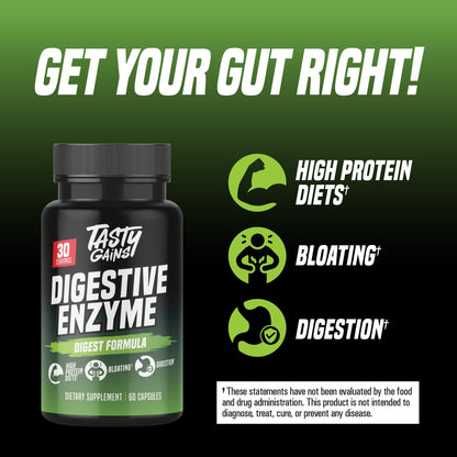 TASTY GAINS Digestive Enzymes – Gut Health & Bloating Relief (60 Capsules)