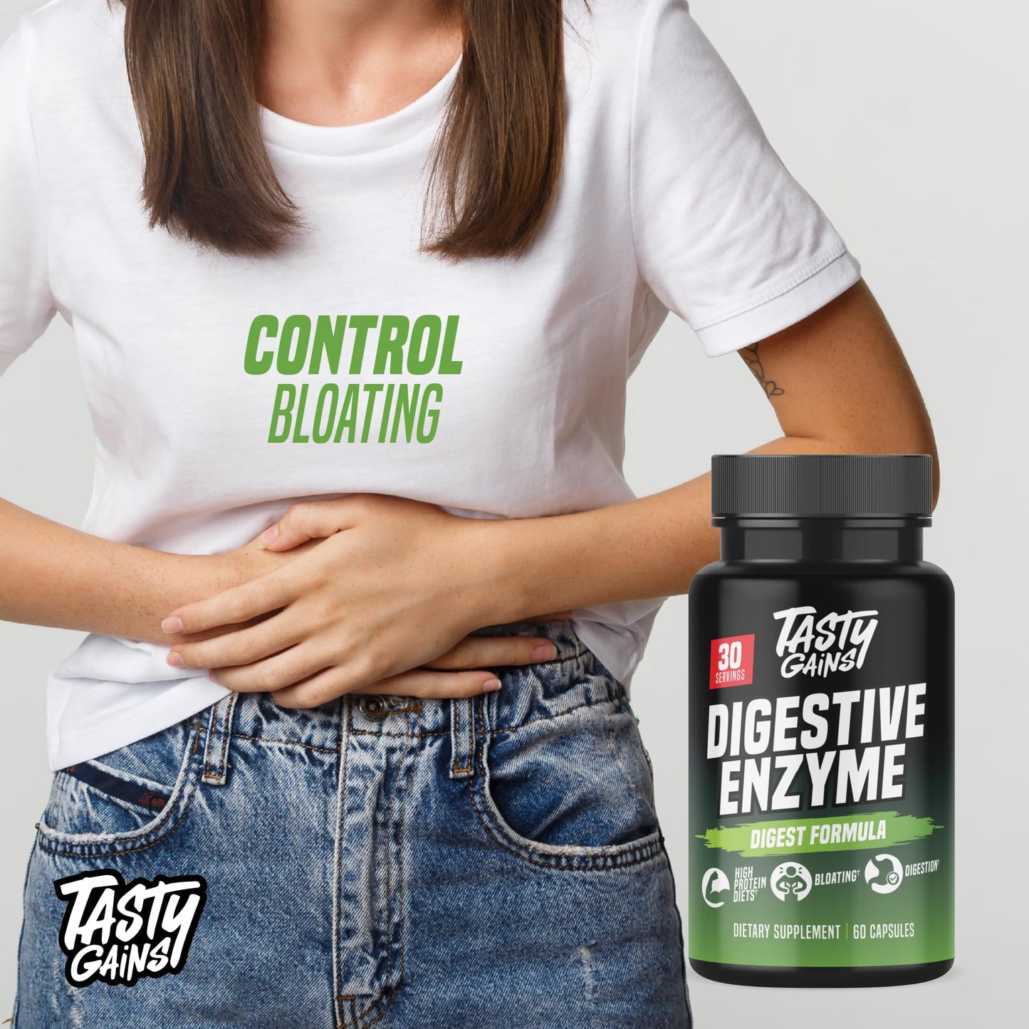 TASTY GAINS Digestive Enzymes – Gut Health & Bloating Relief (60 Capsules)
