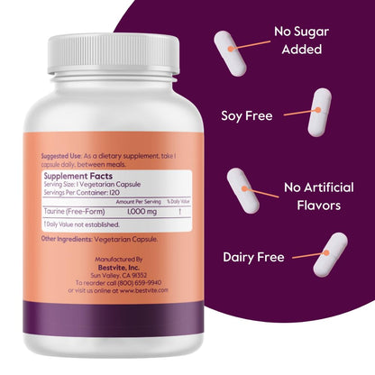 BESTVITE Taurine 1000mg - 120 Vegetarian Capsules - Vegan, Non-GMO, Gluten Free