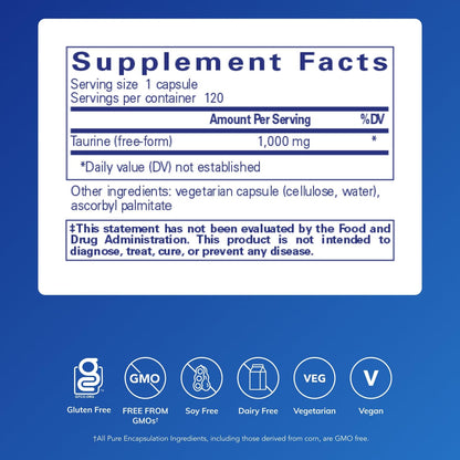 Pure Encapsulations Taurine 1,000 mg – Heart Health & Detox | Vegan & Gluten Free | 120 Capsules