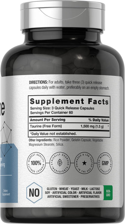 Horbäach Taurine Supplement 1500mg | 180 Capsules | Non-GMO & Gluten Free