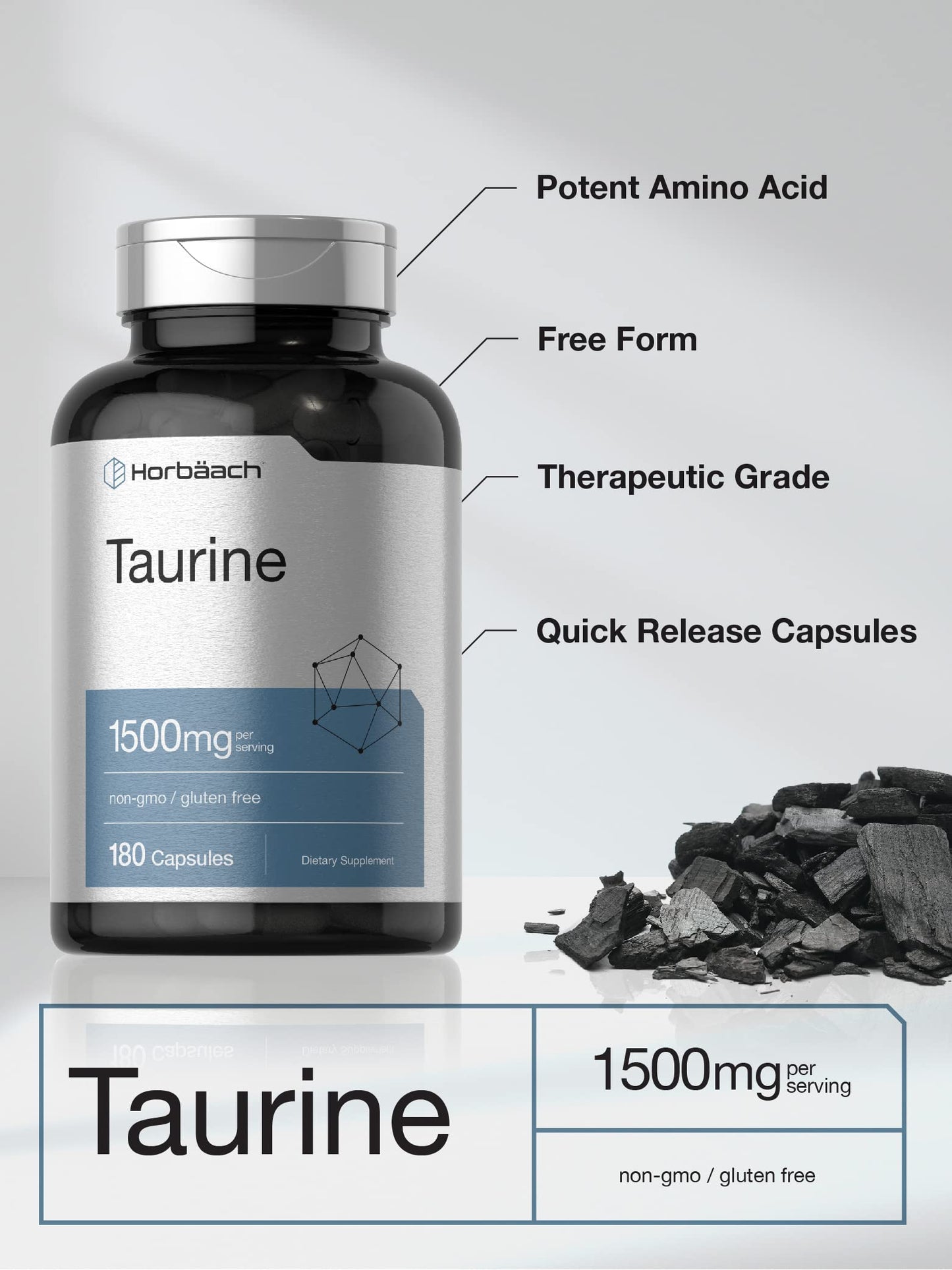 Horbäach Taurine Supplement 1500mg | 180 Capsules | Non-GMO & Gluten Free