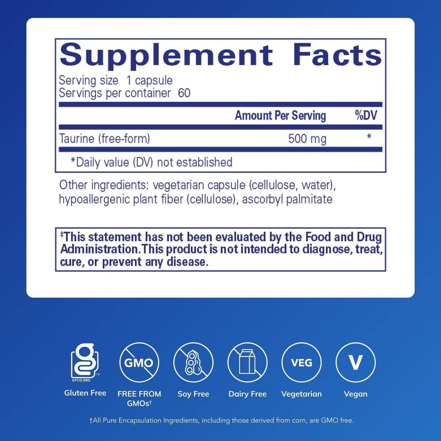 Pure Encapsulations Taurine 500 mg | Amino Acid Supplement for Heart, Brain & Eyes | 60 Capsules