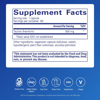 Pure Encapsulations Taurine 500 mg | Amino Acid Supplement for Heart, Brain & Eyes | 60 Capsules