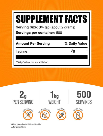 BulkSupplements Taurine Powder - 2000mg per Serving, Unflavored, 1kg